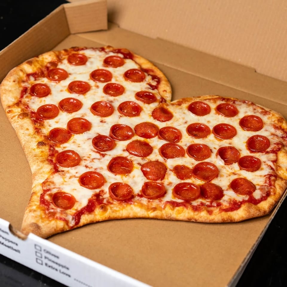 Large heart-shaped pepperoni pizza with melted cheese and tomato sauce in an open cardboard box.