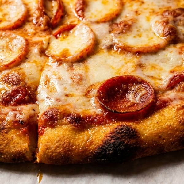 Close-up of a freshly baked pepperoni pizza with melted cheese and a crispy crust.