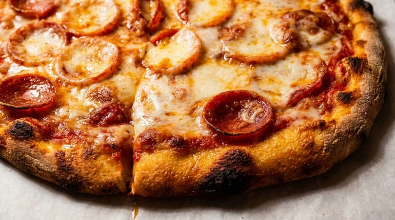 Close-up of a freshly baked pepperoni pizza with melted cheese and a crispy crust.