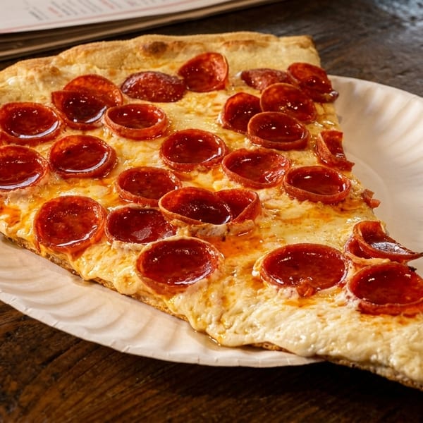 A large slice of pepperoni pizza with melted cheese on a white paper plate on a wooden table.