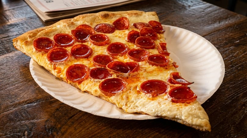 A large slice of pepperoni pizza with melted cheese on a white paper plate on a wooden table.