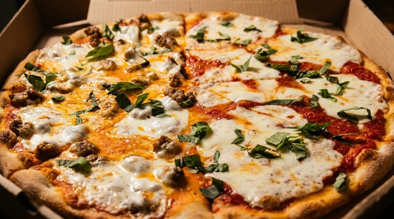 Half sausage and half Margherita pizza with fresh basil in a cardboard box.