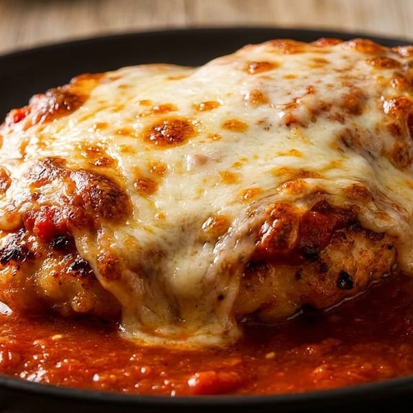 Chicken parmesan with melted mozzarella cheese and rich red marinara sauce in a black bowl.