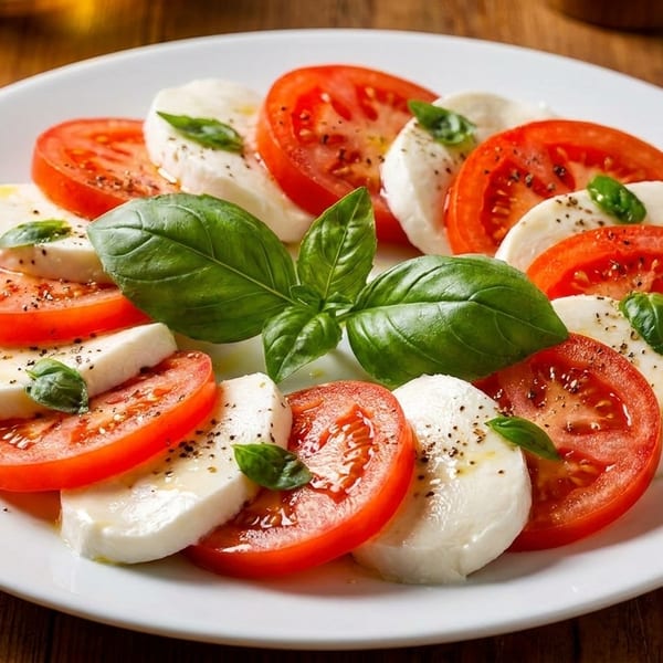 Caprese salad with sliced tomatoes, mozzarella, fresh basil, olive oil, and pepper on a white plate.