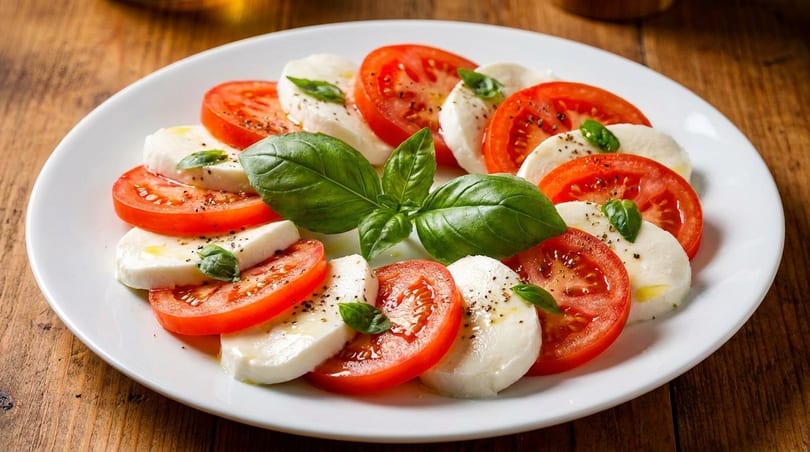 Caprese salad with sliced tomatoes, mozzarella, fresh basil, olive oil, and pepper on a white plate.