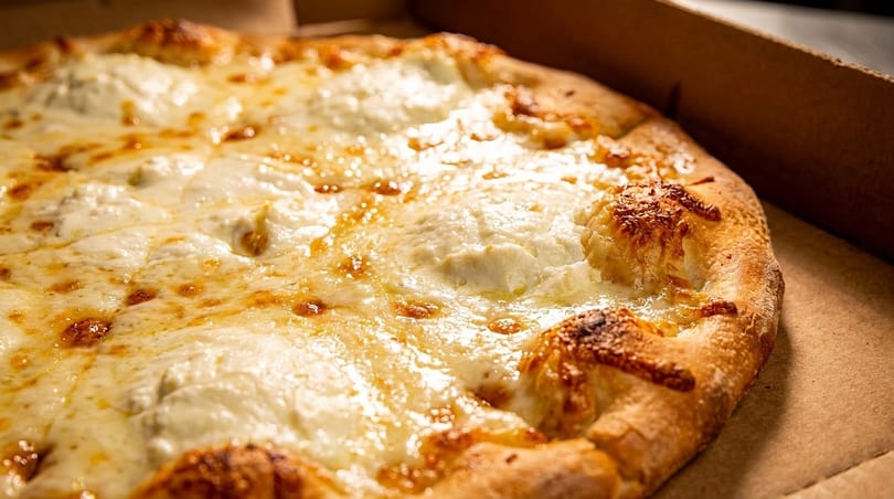 Close-up of a hot, cheesy white pizza with a golden crust in a cardboard box.