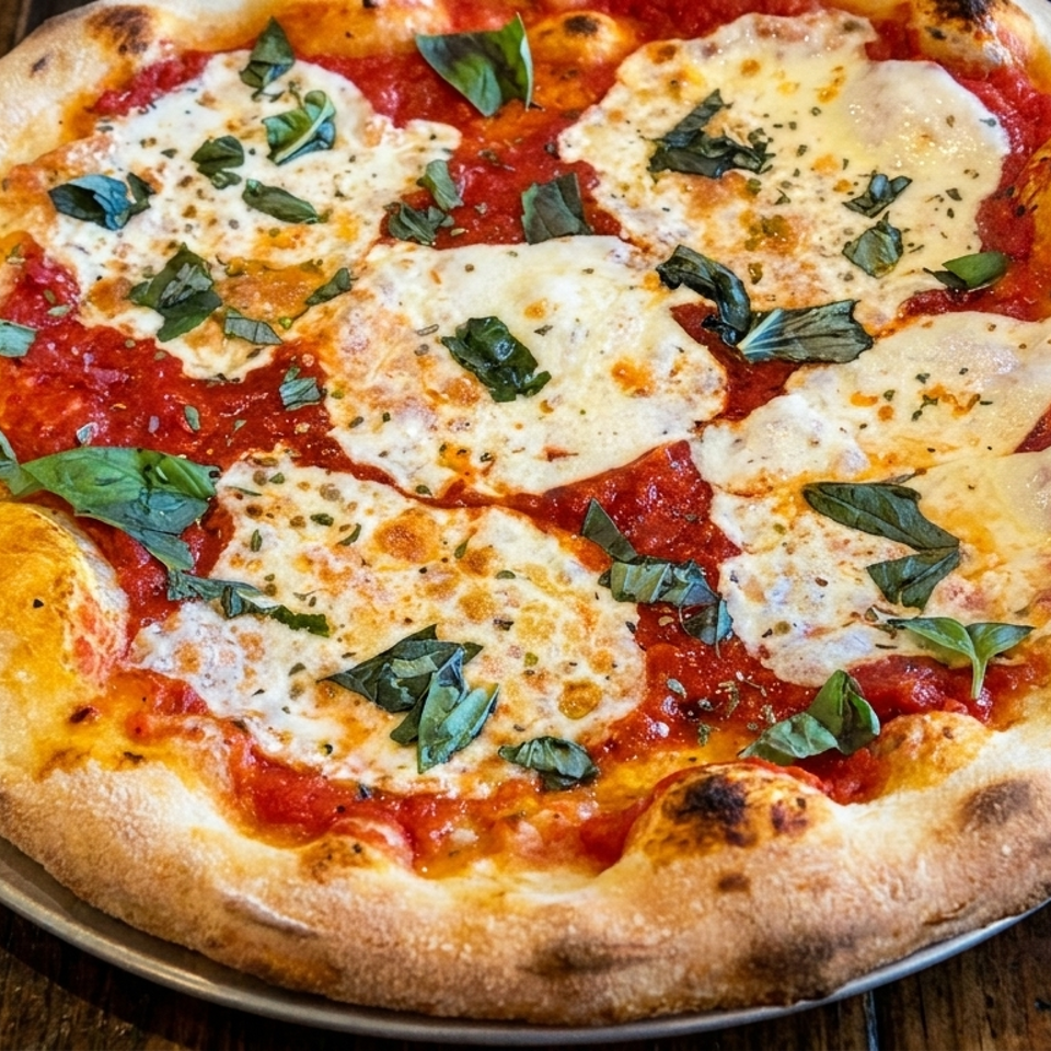 A freshly baked Margherita pizza with melted mozzarella, red sauce, and basil on a wooden table.