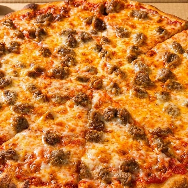 A whole sausage pizza with melted cheese and tomato sauce, sliced and in a cardboard box.