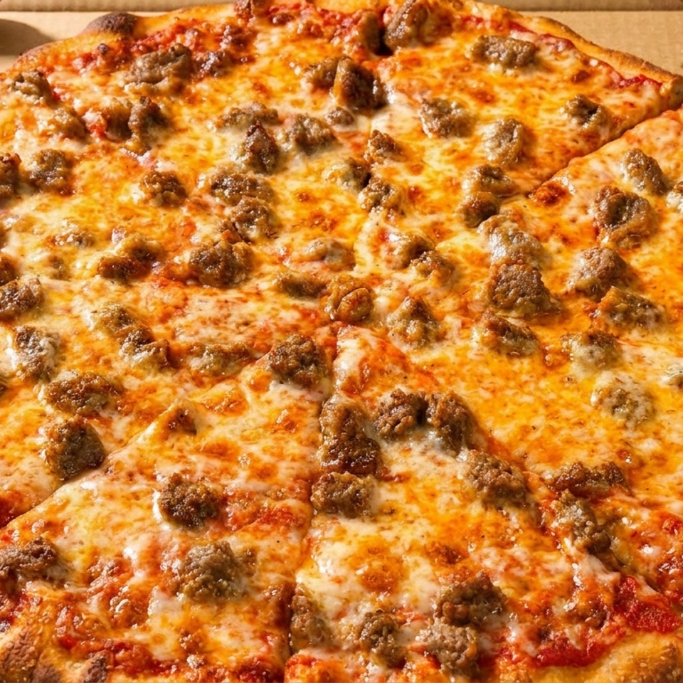 A whole sausage pizza with melted cheese and tomato sauce, sliced and in a cardboard box.