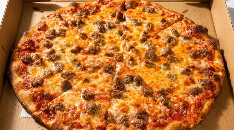A whole sausage pizza with melted cheese and tomato sauce, sliced and in a cardboard box.
